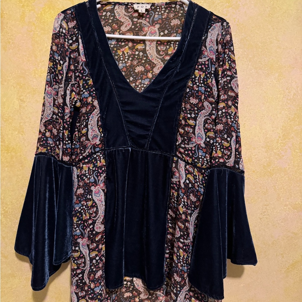 POL Navy Velvet-Trim Paisley Tunic with Multicolor Print